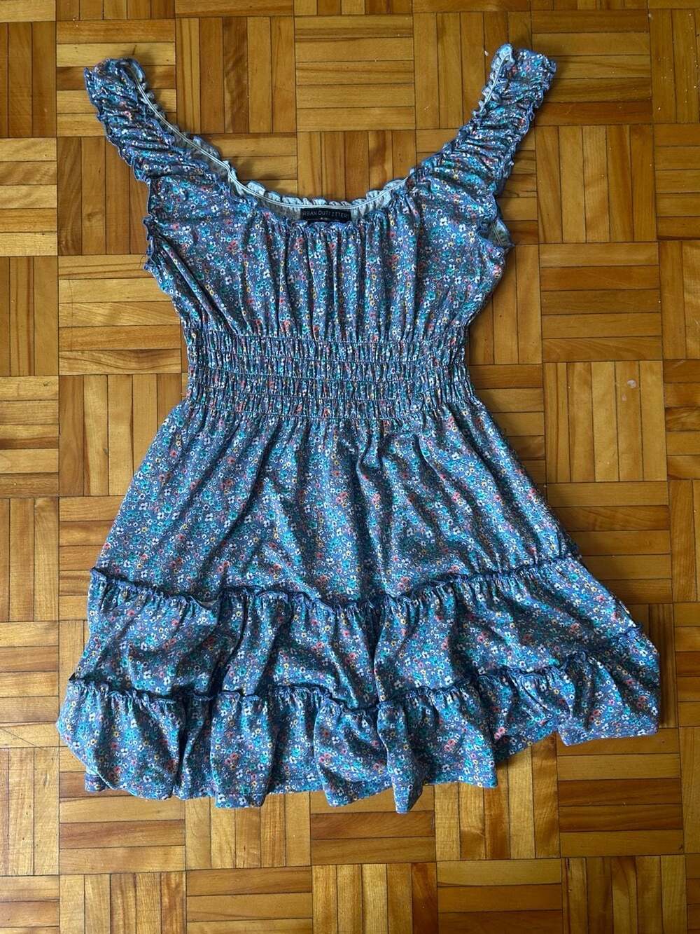 Urban Outfitters Blue Floral Print Tiered Mini Dress with Flutter Sleeves